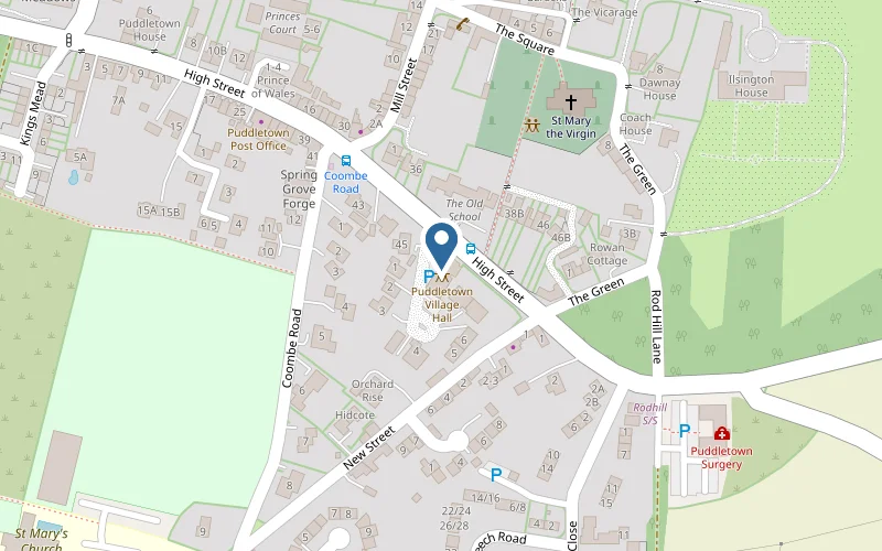 Map of Puddletown showing the village hall on the High Street, opposite The Green